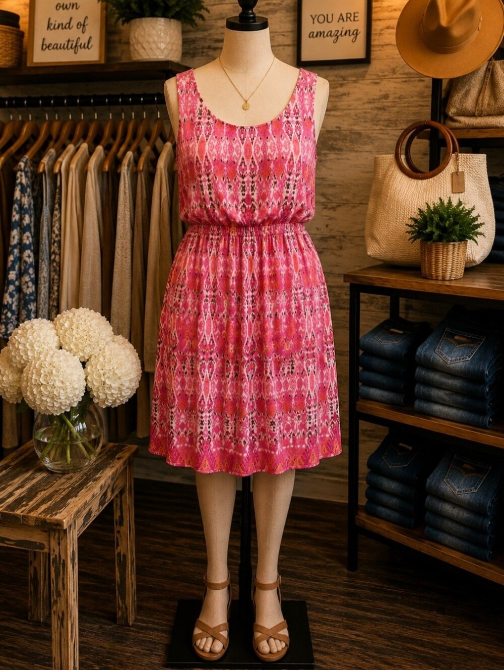 Dress Barn Pink Printed Sleeveless Midi Dress Lined No Pockets Pit 22 Length 42